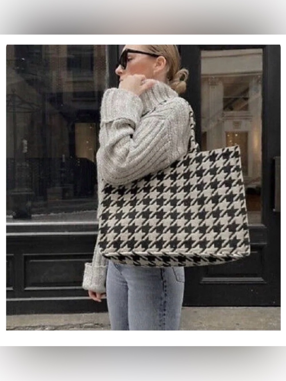 H&M • Houndstooth Tote Bag - Black & Tan Checkered Houndstooth • Pre-owned :) - Picture 13 of 14